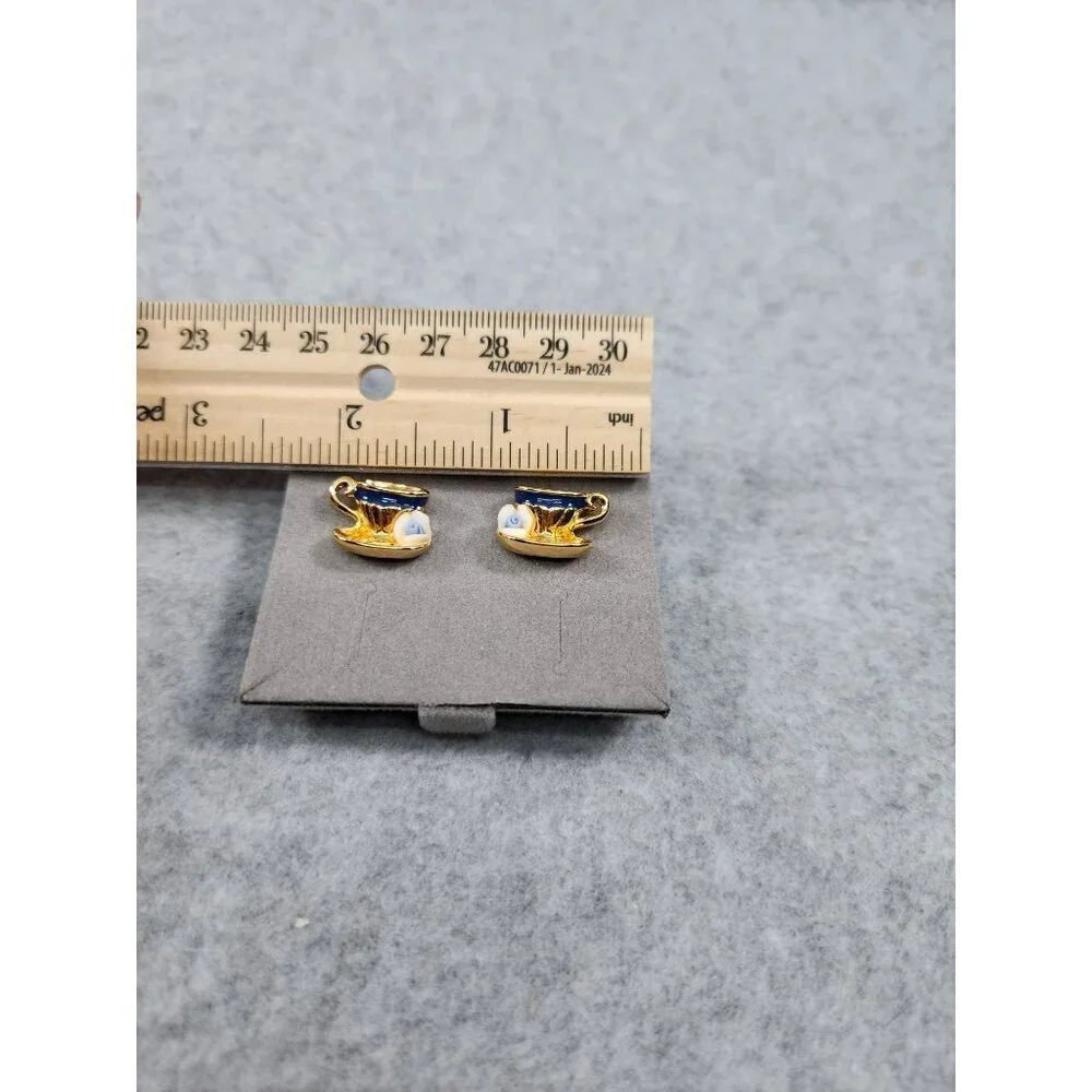 Tea Time Gold‎ & White Novelty Pierced Earrings By Avon  Surgical Steel Posts